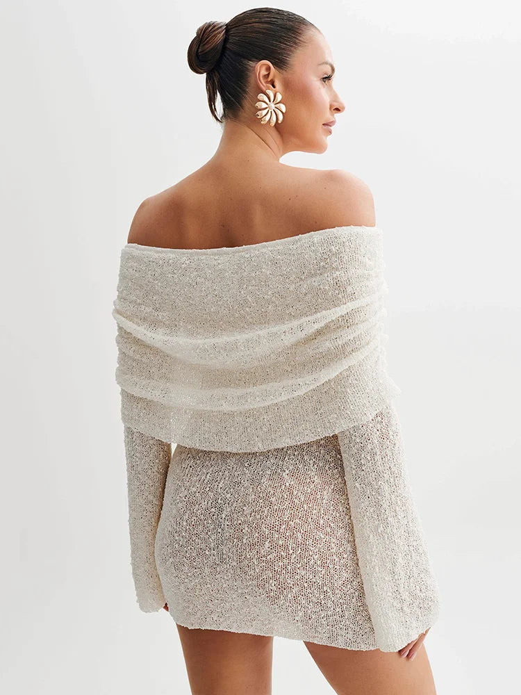 Off-shoulder Long Sleeve Mini Dress for Robe Hollow Out Knit Dress Female Strapless Beach Holiday Dresses