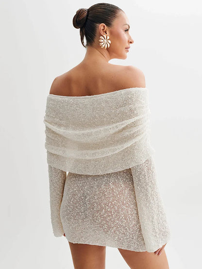 Off-shoulder Long Sleeve Mini Dress for Robe Hollow Out Knit Dress Female Strapless Beach Holiday Dresses