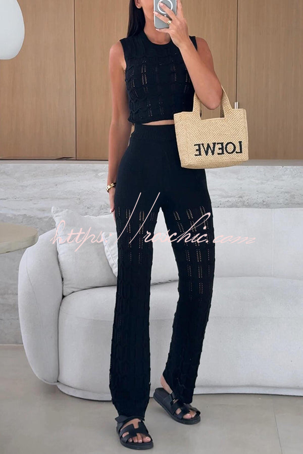 Color Hollow Sleeveless Round Neck Knitted Vest and Stretch Straight Pants Set