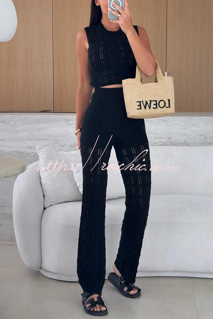 Color Hollow Sleeveless Round Neck Knitted Vest and Stretch Straight Pants Set