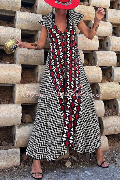 Fresh Breeze Unique Print Ruffle Sleeve A-line Maxi Dress