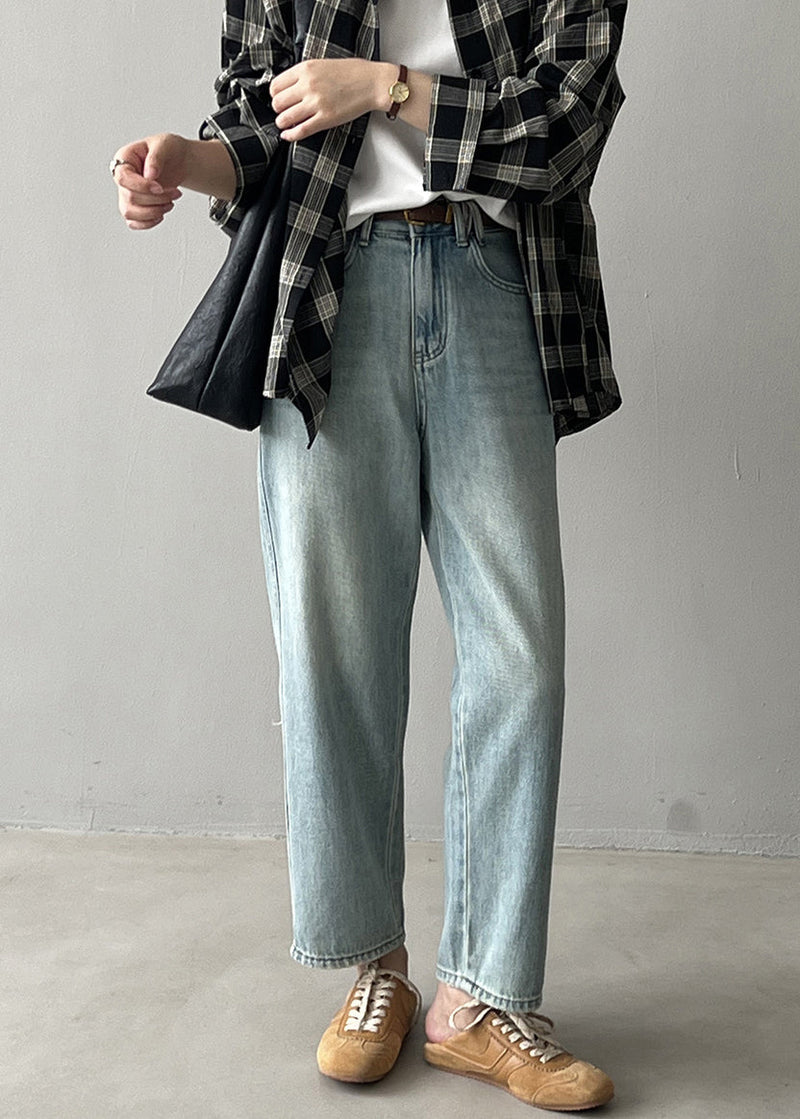 Simple Light Blue High Waist Pockets Denim Straight Pants Fall Wd017