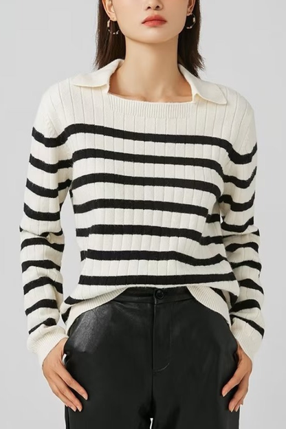 Lapel Loose Striped Knit Sweater