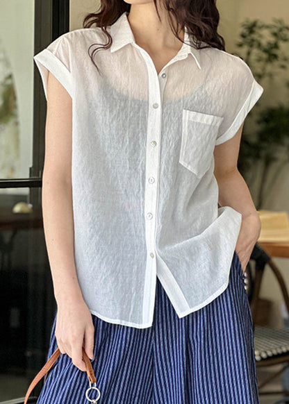 White Pockets Silk Cotton Blouses Peter Pan Collar Short Sleeve Af1003