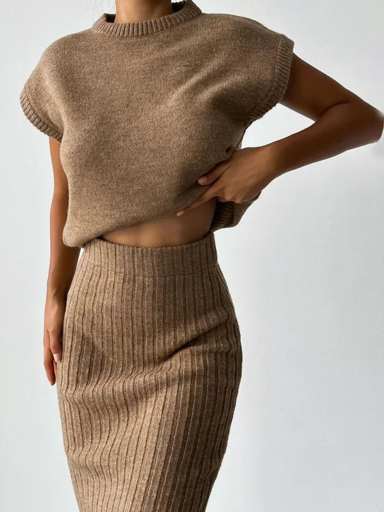 Knit Sweater 2 Piece-set Loose Ribbed Sleeveless Pullover and High Waist Long Skirt Outfits Knitwear ’s Sets