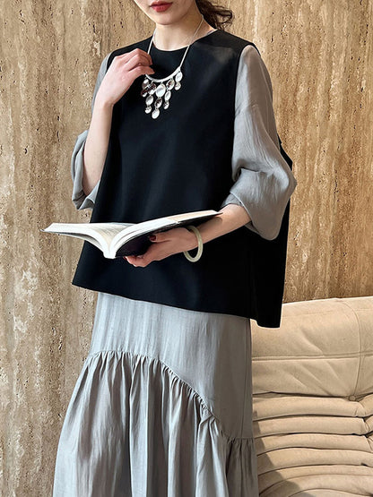 High Waisted Long Sleeves Elasticity Pleated Color Split-joint Zipper V-neck Midi Dresses