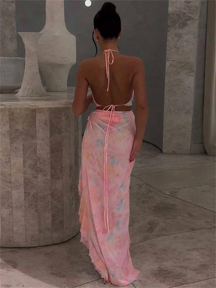 Printed Mesh Long Dress Lace-up Backless Hollow Out Ruffled Bandage Dress ’s Dress Summer