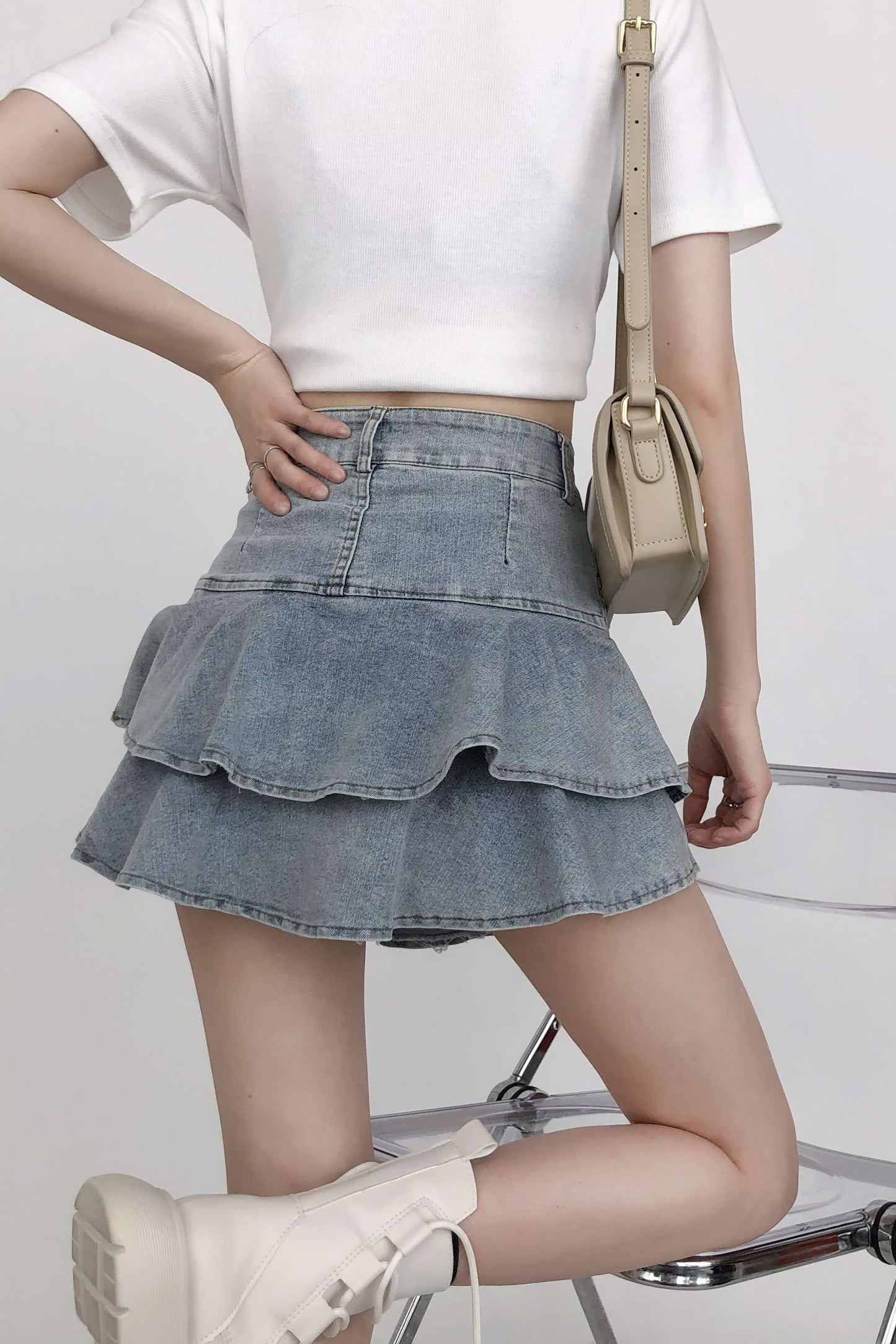 Layered Denim Ruffle Mini Skirt