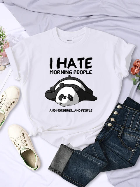 Lazy Panda I Hate Morning People Short Sleeve Creative All-math Clothing Street Hip Hop O-neck Tops Womans T-shirt