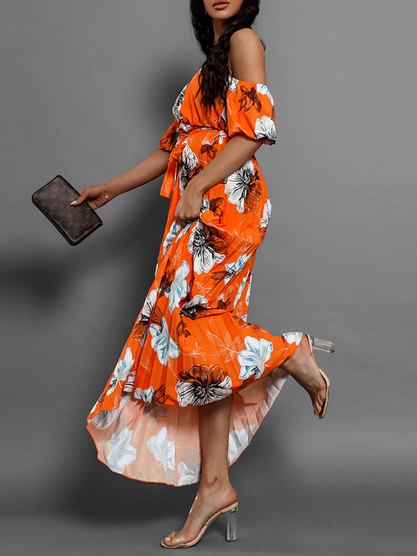 A-line Loose Elasticity Flower Print Pleated Split-joint Tied Waist Off-the-shoulder Maxi Dresses