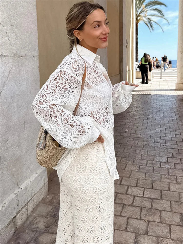 Hollow Out Printed Loose Shirts for Patchwork Lace See-through Summer Top Long Sleeve Female Blouse
