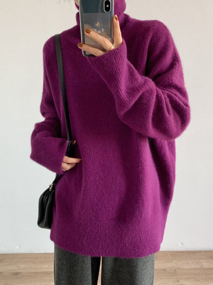 Red High Neck Split Hem Long Sleeve Sweater An1056