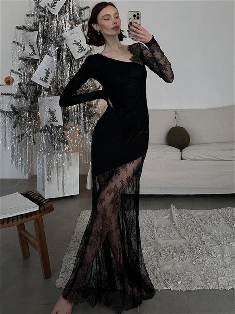 Printed See-through Black Maxi Dress High Waist Lace Slim Mesh Patchwork Long Dress Party Looks Female Dress