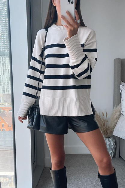 Striped Long Sleeve Crew Neck Pullover Knitted Sweater