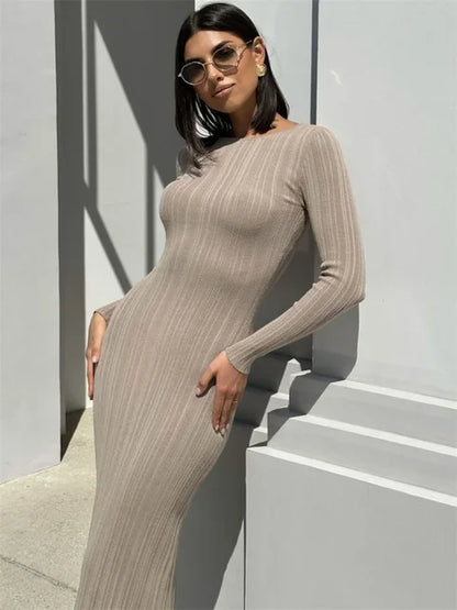 Knit Ribbed Maxi Dress High Waist Long Sleeve Patchwork Slim Party Dress Autumn Knitwear Dress
