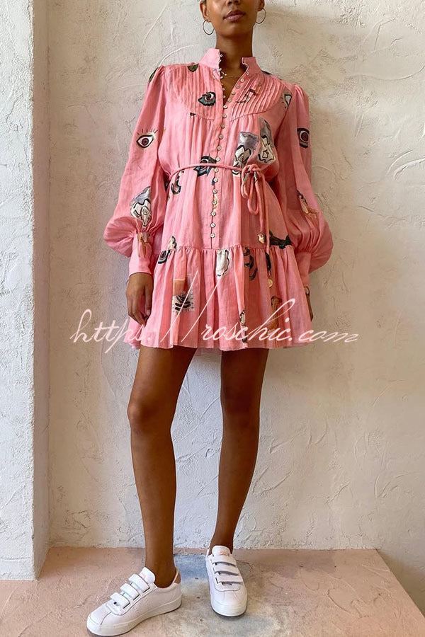 Unique Print Single Breasted Balloon Sleeve Tie Waist Ruffled Mini Dress