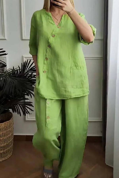 Color Cotton and Linen Cropped Top \u0026 Wide Leg Pants Two-piece Set