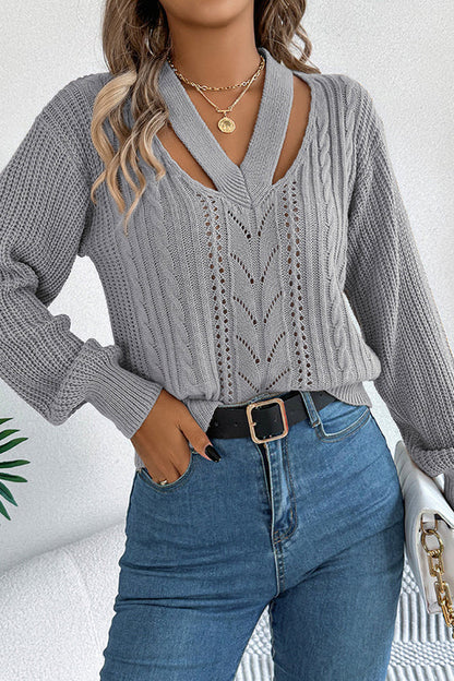 Hollow V-neck Long-sleeved Knitted Sweater