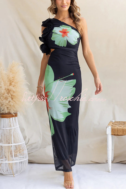 Print One-shoulder Fitted Mesh Maxi Dress
