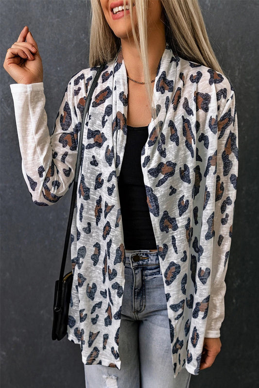 White Leopard Print Open Front Cardigan