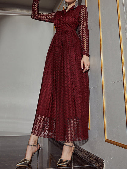 High Waisted Long Sleeves Buttoned Gauze See-through Color V-neck Maxi Dresses