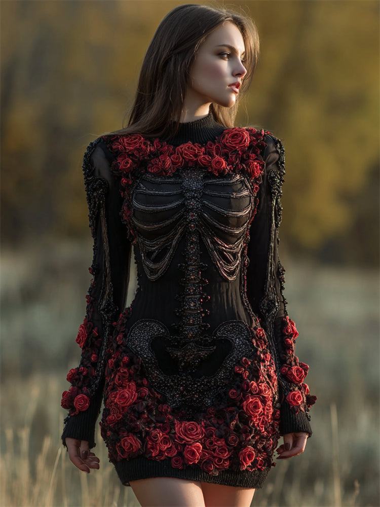 Comstylish Classy Dark Skeleton Bloody Roses Beaded Sweater Dress