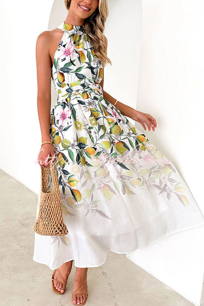 Print Halterneck Tie Zip Smocked Maxi Dress