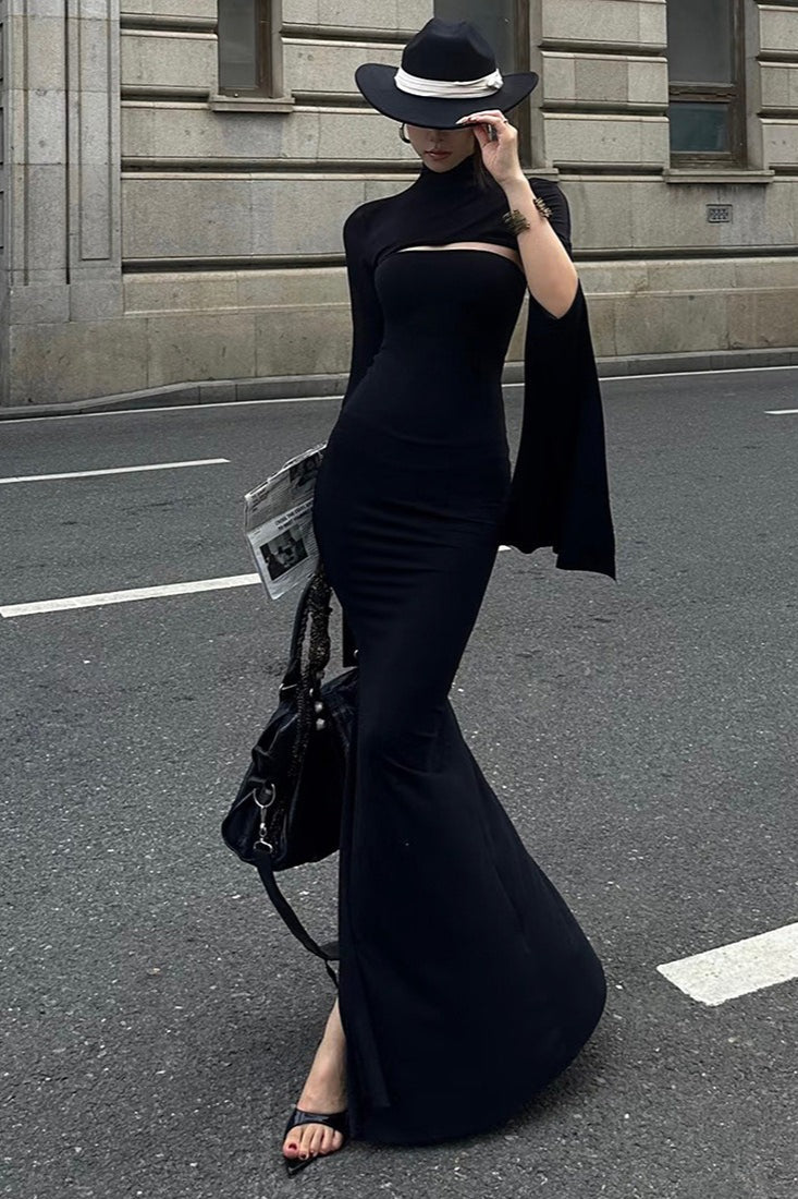 French High-end Slim Asymmetric Long-sleeve Maxi Dress