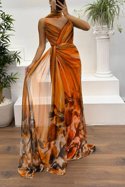In a Dreamland Chiffon Print Off Shoulder Pleated Scarf Slit Maxi Dress
