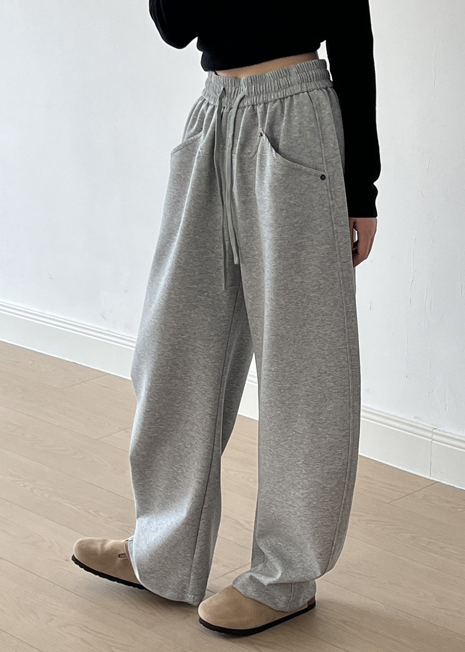 Grey Pockets Drawstring Elastic Waist Cotton Pants Fall Af1072