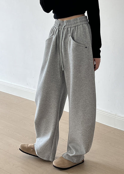 Grey Pockets Drawstring Elastic Waist Cotton Pants Fall Af1072