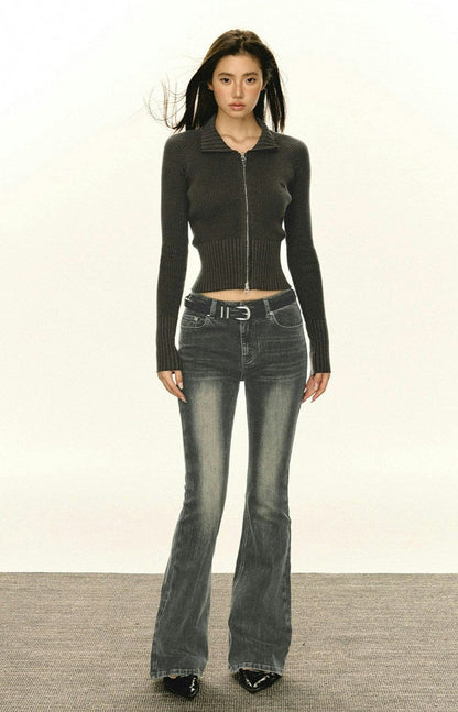Slim Cropped Ribbed Zip-up Sweater