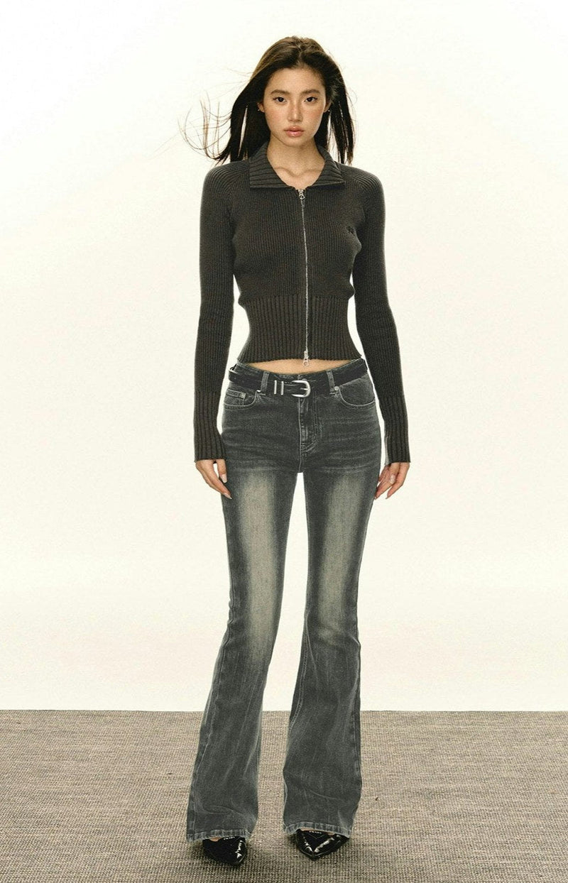 Slim Cropped Ribbed Zip-up Sweater