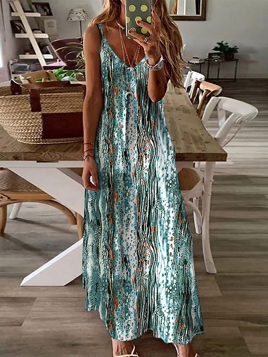 A-line Loose Printed Spaghetti-neck Maxi Dresses