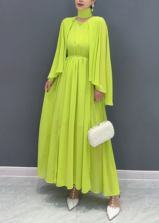 Fitted Green Shawl Collar Patchwork Vacation Maxi Dresses Flare Sleeve Ao1031
