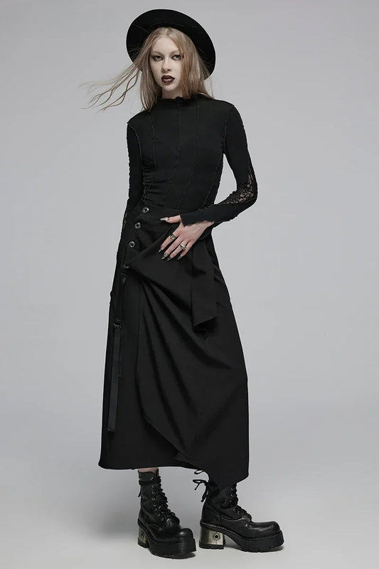 Daily Irregular Deconstructed Medium High Waisted Loose Black Skirt