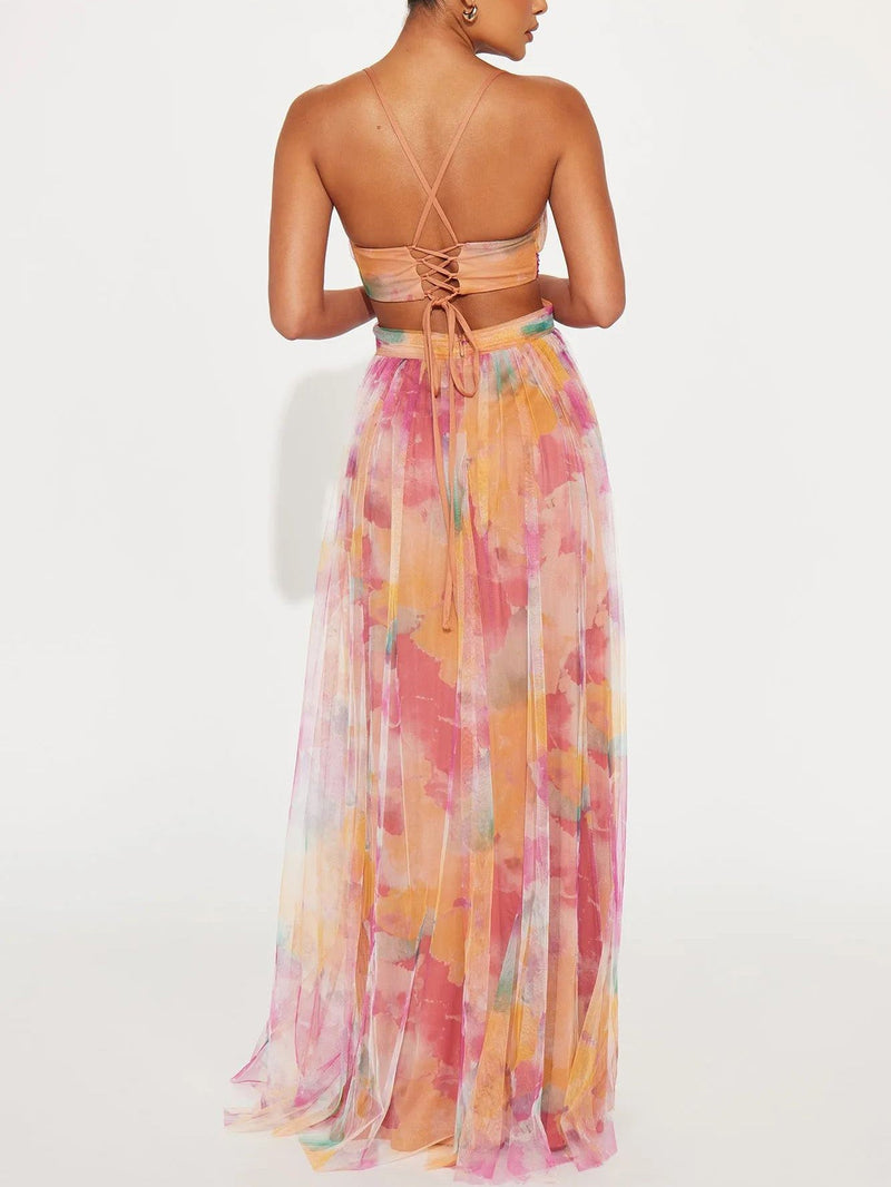 Painted Print V-neck A-line Maxi Dress