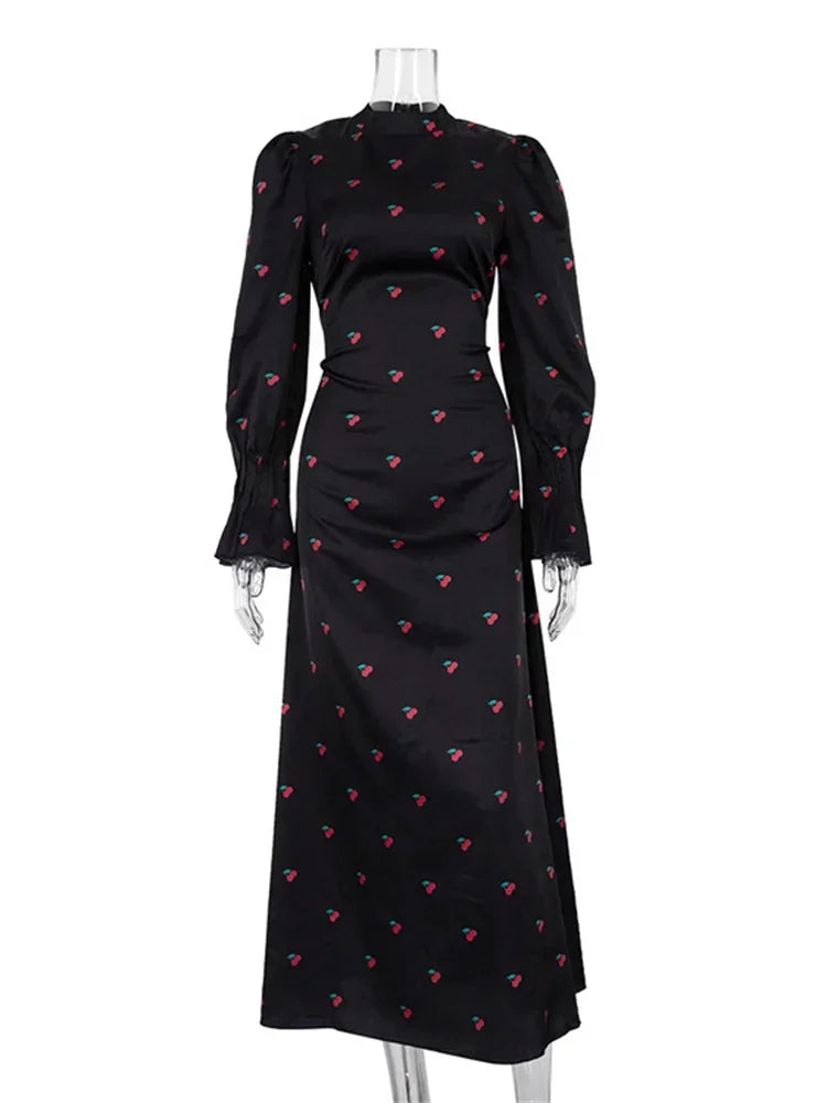 Printed Bandage Long Dress Satin High Street Party Dress Long Sleeve Patchwork Maxi Dress