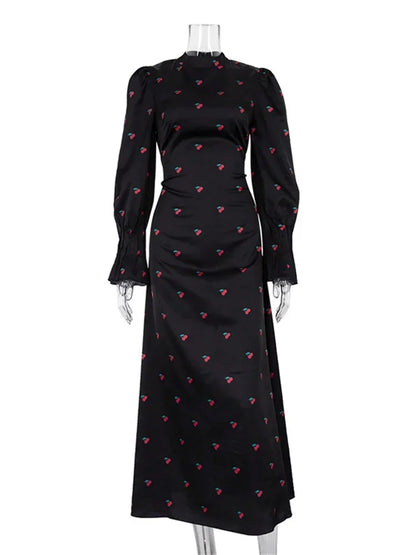Printed Bandage Long Dress Satin High Street Party Dress Long Sleeve Patchwork Maxi Dress