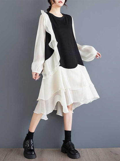High-low Long Sleeves Contrast Color Ruffle Trim Split-joint Round-neck Midi Dresses