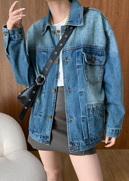 French Blue Peter Pan Collar Button Pockets Denim Coats Fall Af1027
