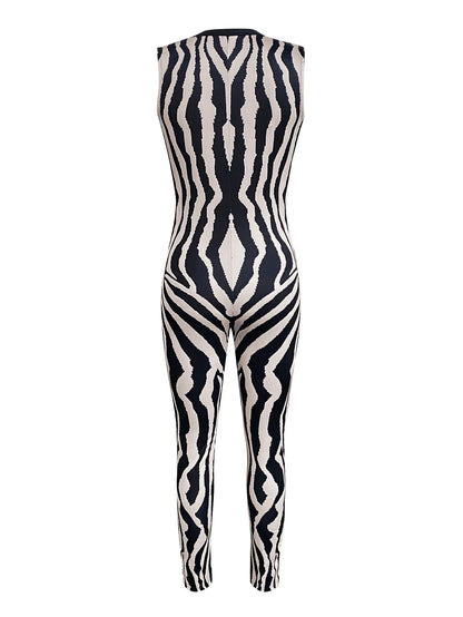 Striped Zipper Design Cami Jumpsuit – Fashionable Vine Round Neck Tight Sleeveless Jumpsuit for Sportswear