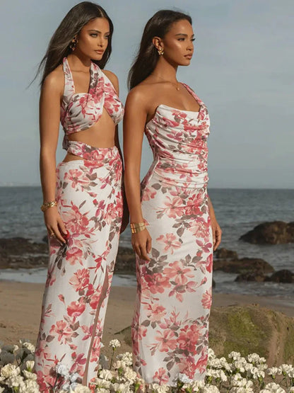 One Shoulder Print Midi Dress for Off-shoulder Backless Sleeveless Bodycon Club Party Long Dress