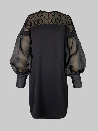 Long Sleeves Loose Hollow Color Split-joint Round-neck Mini Dresses