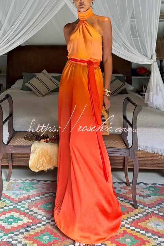 Chase the Sun Gradient Print High Neck Backless Tie-up Maxi Dress