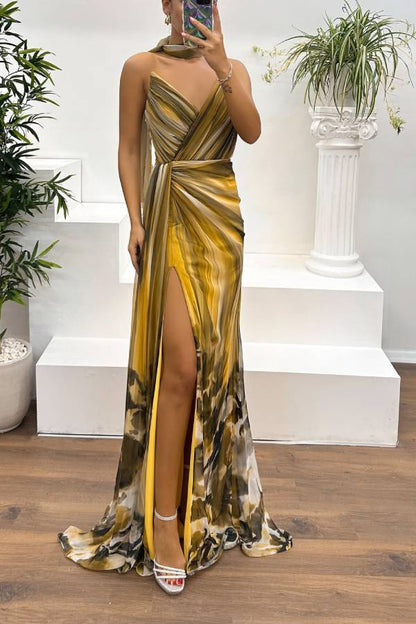 In a Dreamland Chiffon Print Off Shoulder Pleated Scarf Slit Maxi Dress