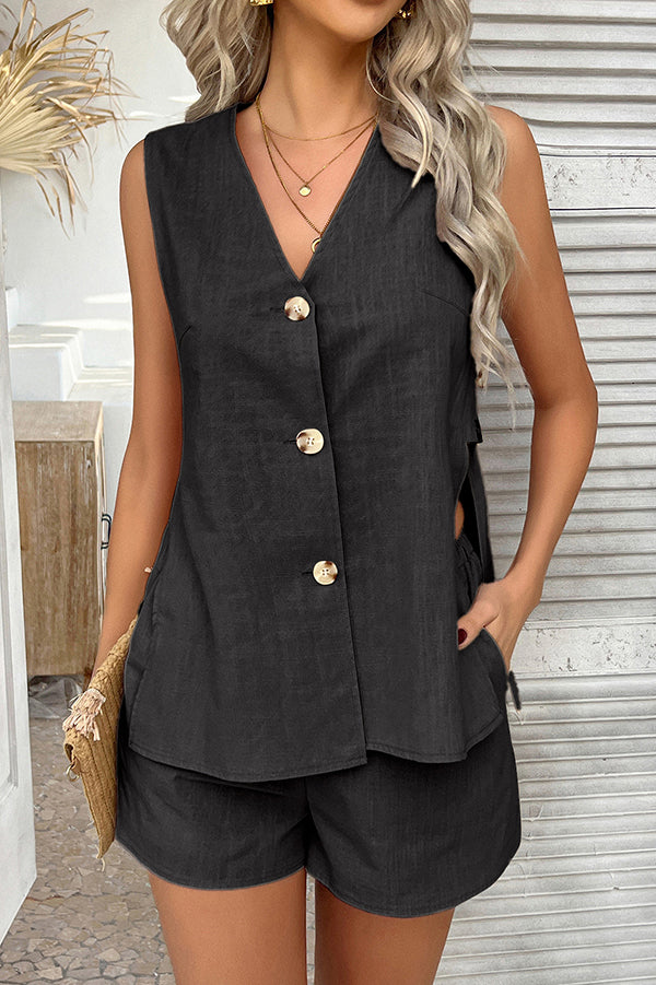Color Holiday Style V-neck Button Vest and Elastic Waist Pocket Shorts Set