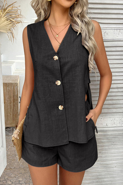 Color Holiday Style V-neck Button Vest and Elastic Waist Pocket Shorts Set