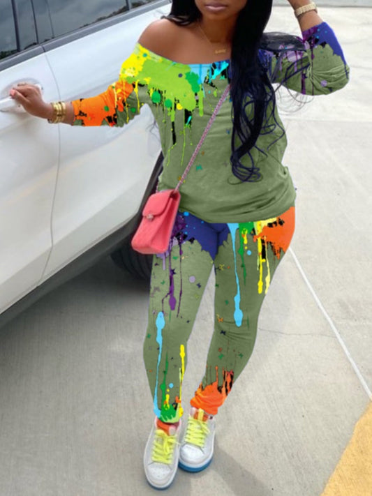 Inclined Neck Splash Ink Pants Set At908