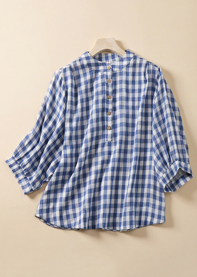 Grace Blue Plaid Stand Collar Cotton Blouses Bracelet Sleeve Qr023